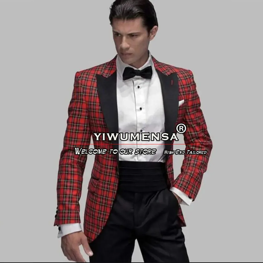 Tartan Check Groom Wedding Tuxedos Customized Black Peaked Laepl Blazer Vest Pants Slim Fit Formal Business Prom Men Suits 2025