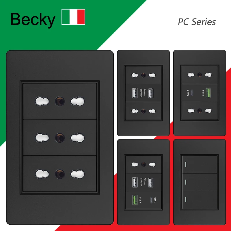 Presa universale per Pc Black Italy con Usb Type-c 20W presa a muro Usb a ricarica rapida italia interruttore a parete per luce elettrica 16 a118 *