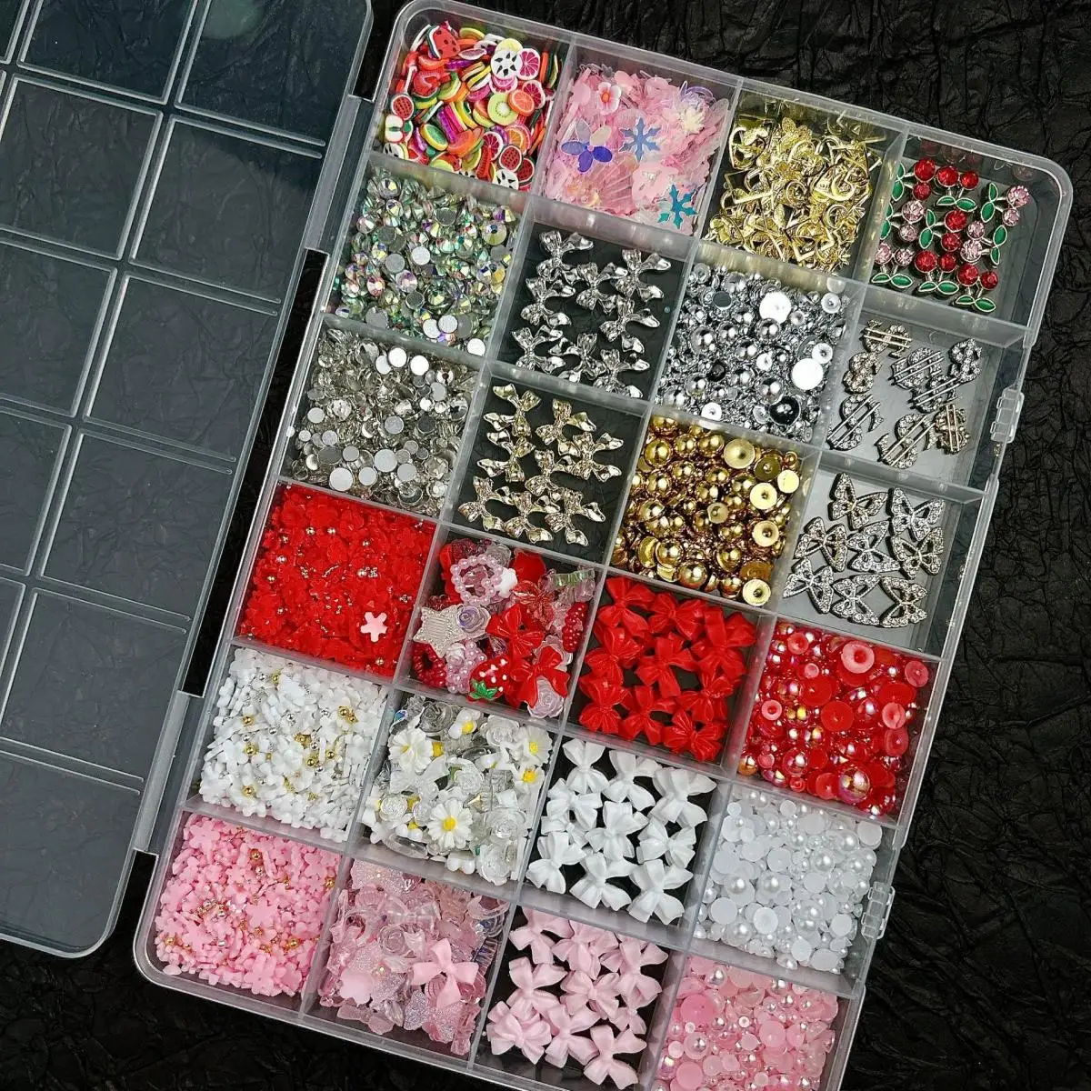 1Box Mixed Shiny Alloy Butterfly Cherry Nail Art Accessories 3D Resin 3-Color Bow Flower Simulated Pearl Nail Charms Supplies