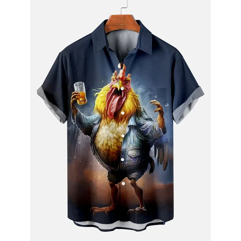 

2024 Funny Rooster Beach Hawaii Casual 3D Print Turndown Collar Shirt Casual Short Sleeve Shirt Summer Loose Shirts For Boys