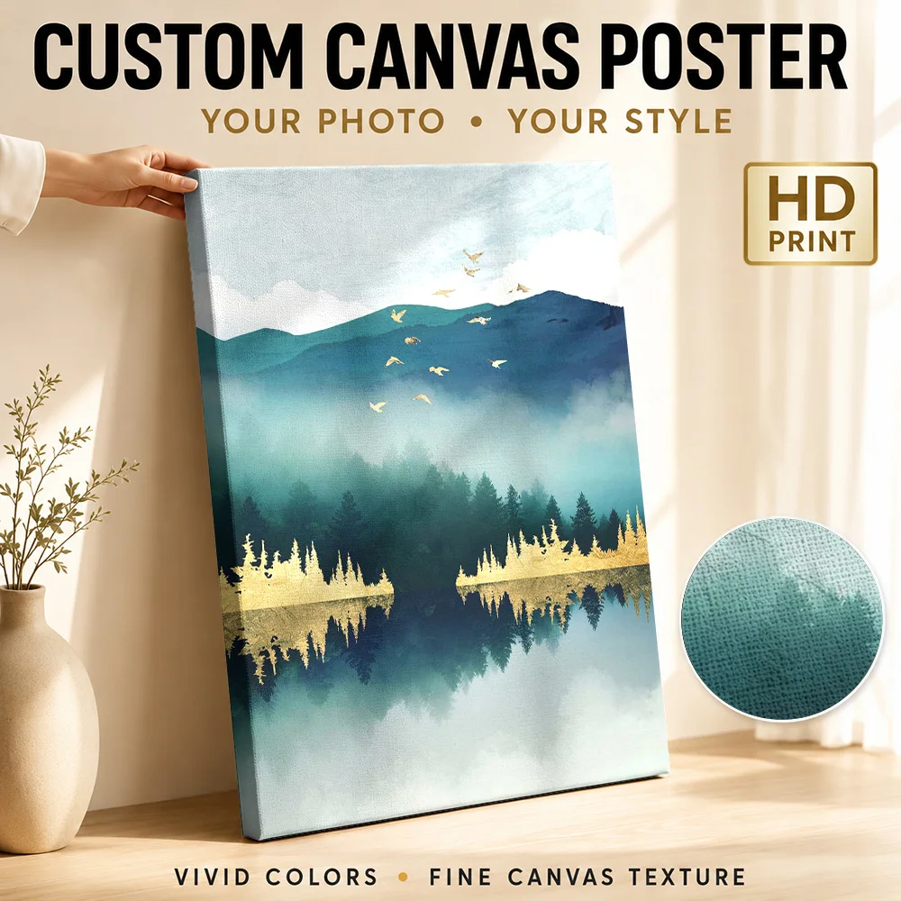 Misty Lake Reflection Landscape Gallery Wrapped Canvas Print Customized Photo Layered Scenic Illustration Wall Art For Entryway