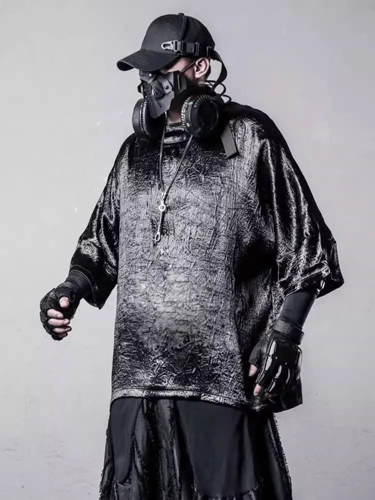 

Футболка в готическом стиле в стиле панк, топ унисекс, 2026, летняя нишевая дизайнерская женская футболка с рукавами «летучая мышь», мужская темная футболка с заниженными плечами и половиной рукава