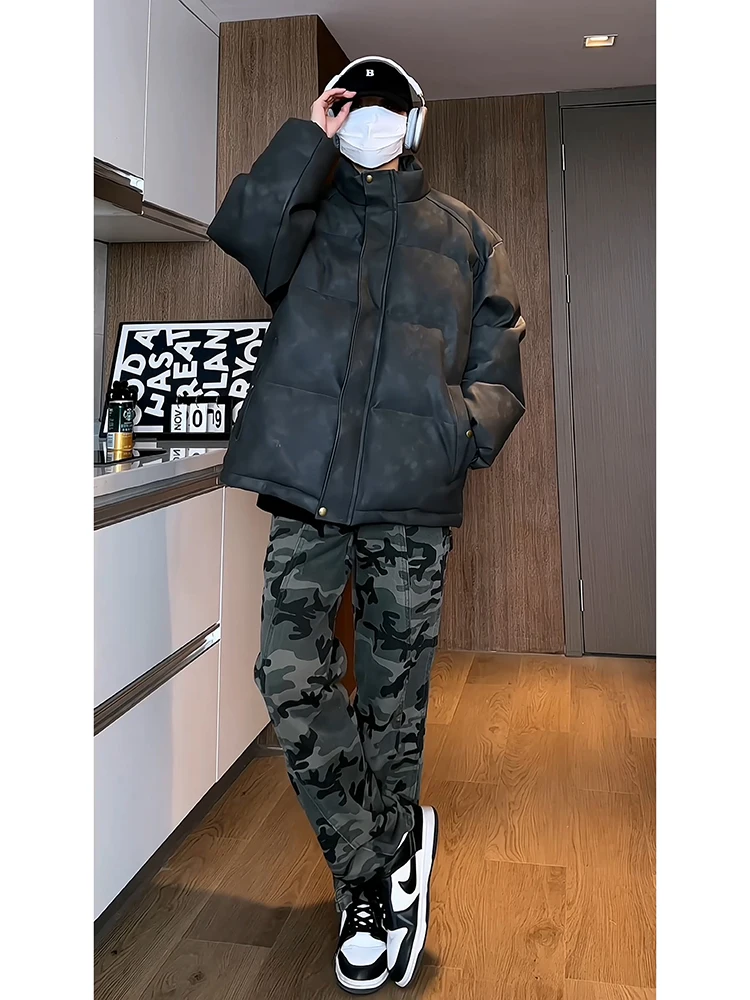 

American Sle Fce Lined Camouflage Pants Men's Autumn Winter Casual Loose Fit Straight Leg Jeans Retro Logging Workwear