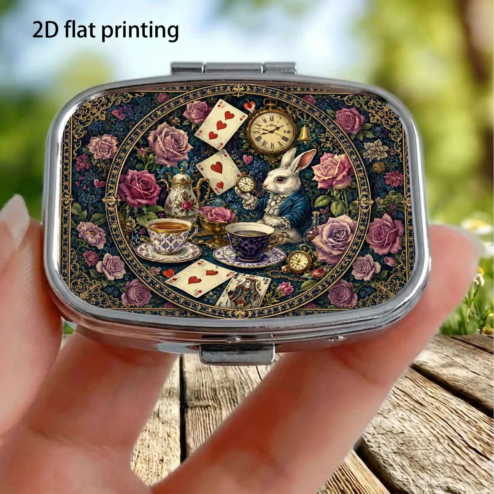 Vintage Rose Flower Bushes, Alice Rabbit, Playing Cards, Clock, Fantasy Retro Illustration Pattern, Small Square Two-Compartment Pill Organizer, Portable Medicine Storage, Can Also Be Used as a Household Portable Organizer, Decorative Box, Perfect for Handbags, Wallets, and Travel, Metal Storage Box, Small Jewelry Organizer, Holiday Gifts, Souvenirs, Prizes, Small Gifts