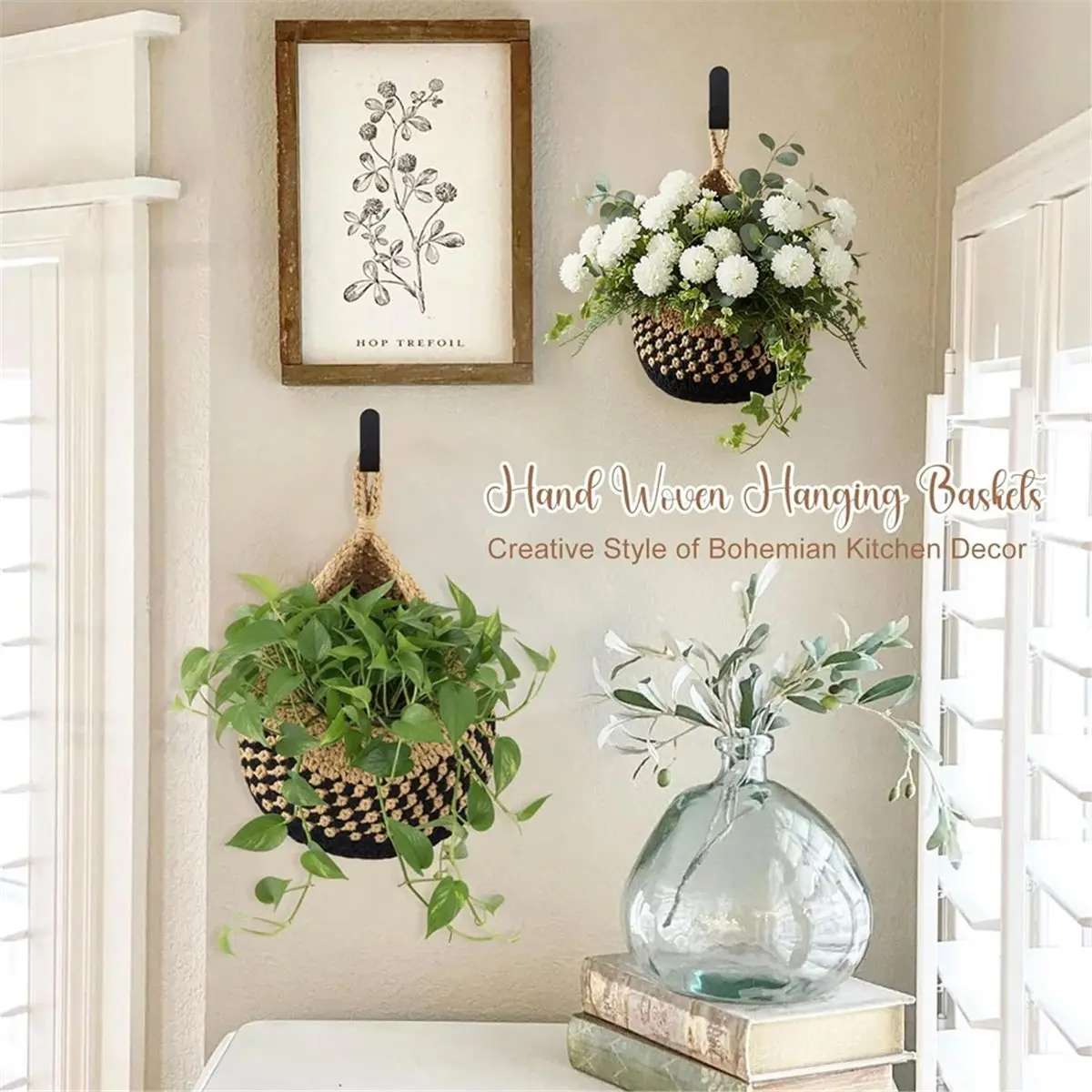 Boho Decor Hanging Wall Baskets Set for Kitchen 3 Pcs Teardrop Baskets with Hooks Storage Fruit Onion Vegetable Potato B
