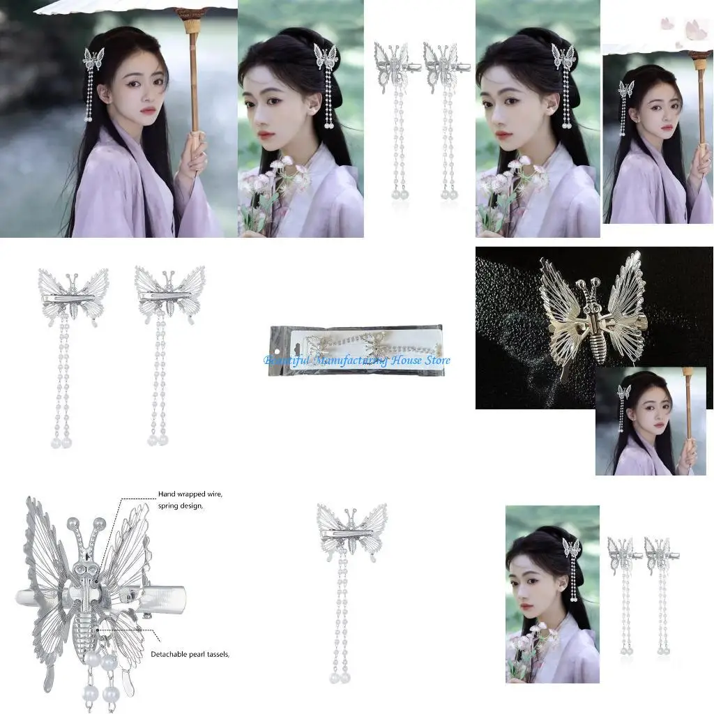 

E56A Alloy Pearl Tassels Hair Clip Butterfly Hairpin Girl Hair Barrettes Headdress