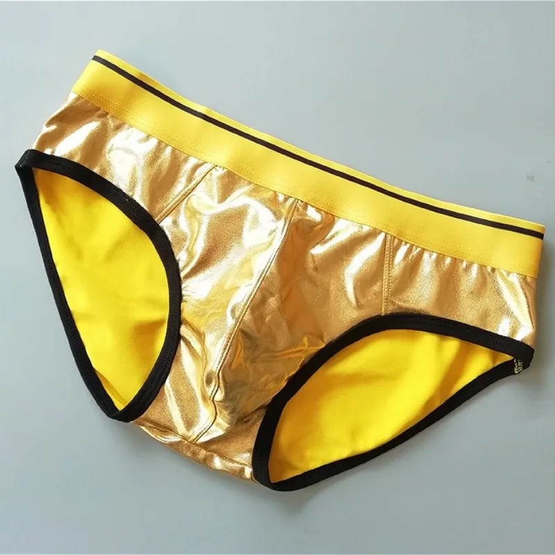 

Faux Leather Bikini Briefs Shiny Men's Sexy Convex Pouch Underpants Elastic Man Gay Underwear Triangle Sissy Panties Gold