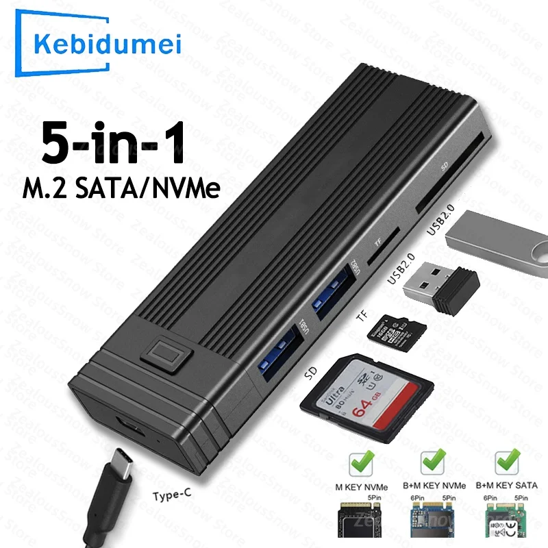 

5-в-1 USB C HUB M.2 NVMe NGFF SSD Корпус с функцией хранения дисков SD TF Card Reader Type C HUB Dock Splitter Для ПК Ноутбука