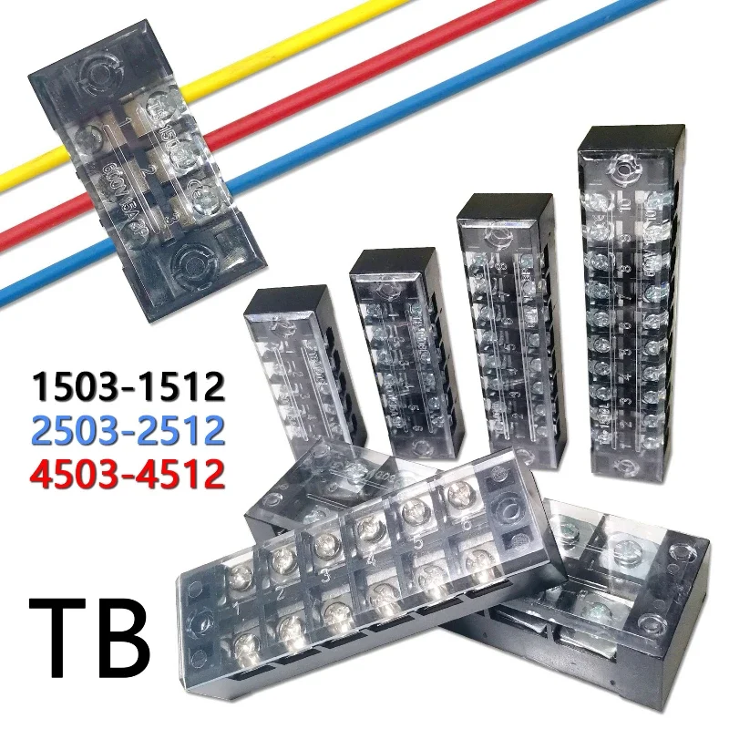 1PC 15A/25A/45A 600V Dual Row Barrier Screw Terminal Block Wire Connector TB Series 3/4/5/6/8/10/12 PIN Optional TB-1503 TB-2503
