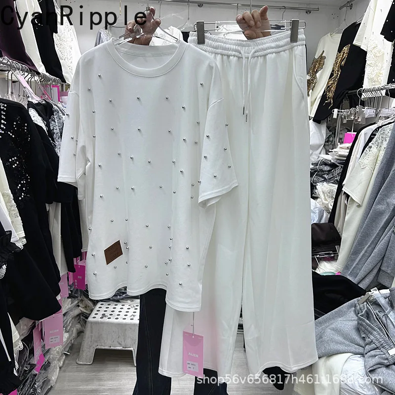 

New Spring Summer Women Two-piece Set Beading Loose Short Sleeve White T-shirt Top + Elastic Waist Wide Leg Straight Pants