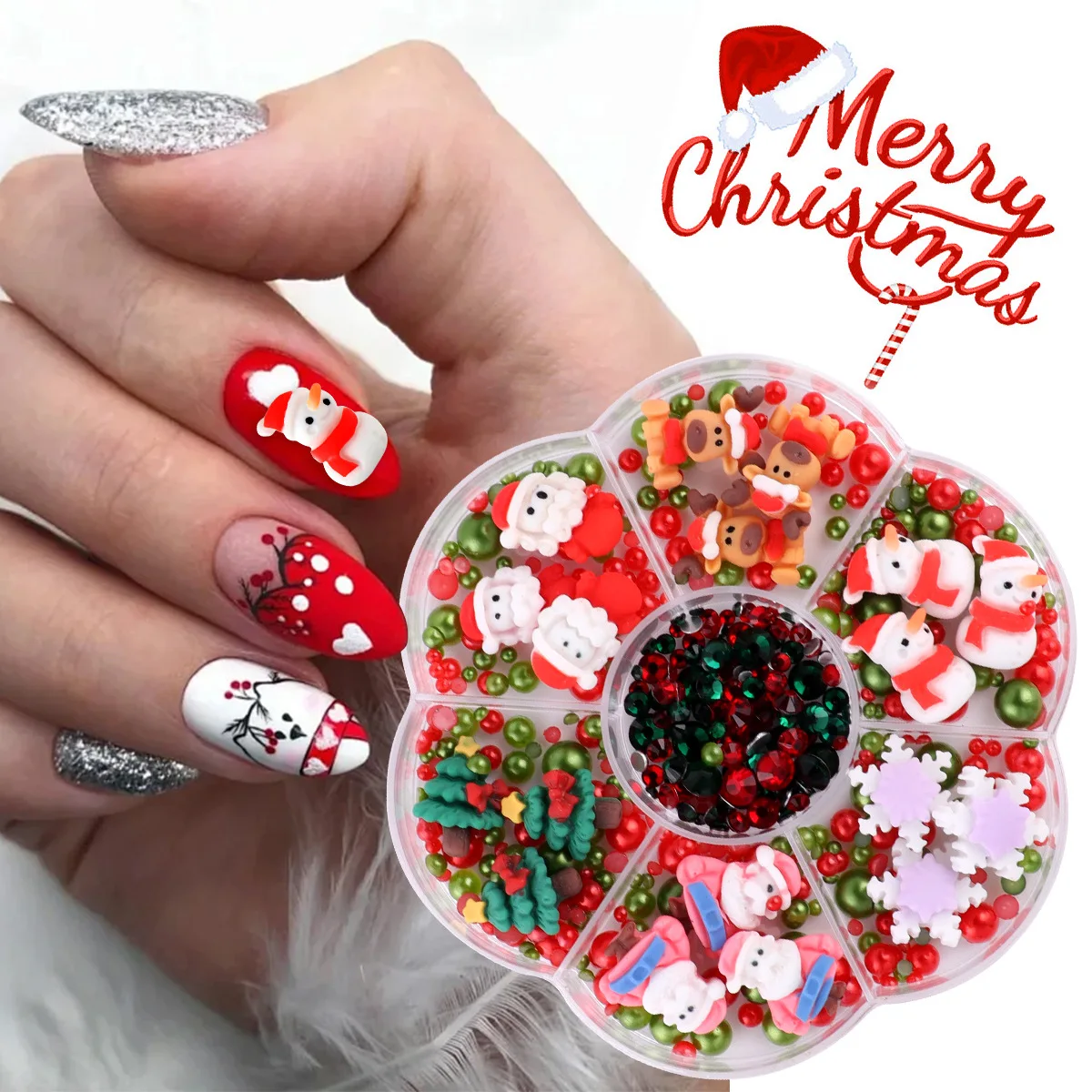 7 Grids Christmas Resin Charms Beads Mix Set Santa Claus Reindeer Ornaments for Manicure Hair Clip Jewelry Making DIY Supplies