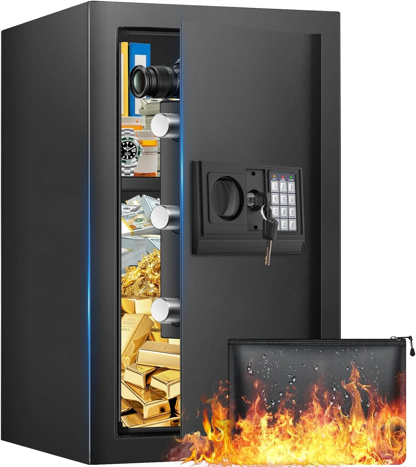 19.7" Fireproof Waterproof Home Safe with Digital Lock, Alarm System & Removable Shelf for Jewelry Documents