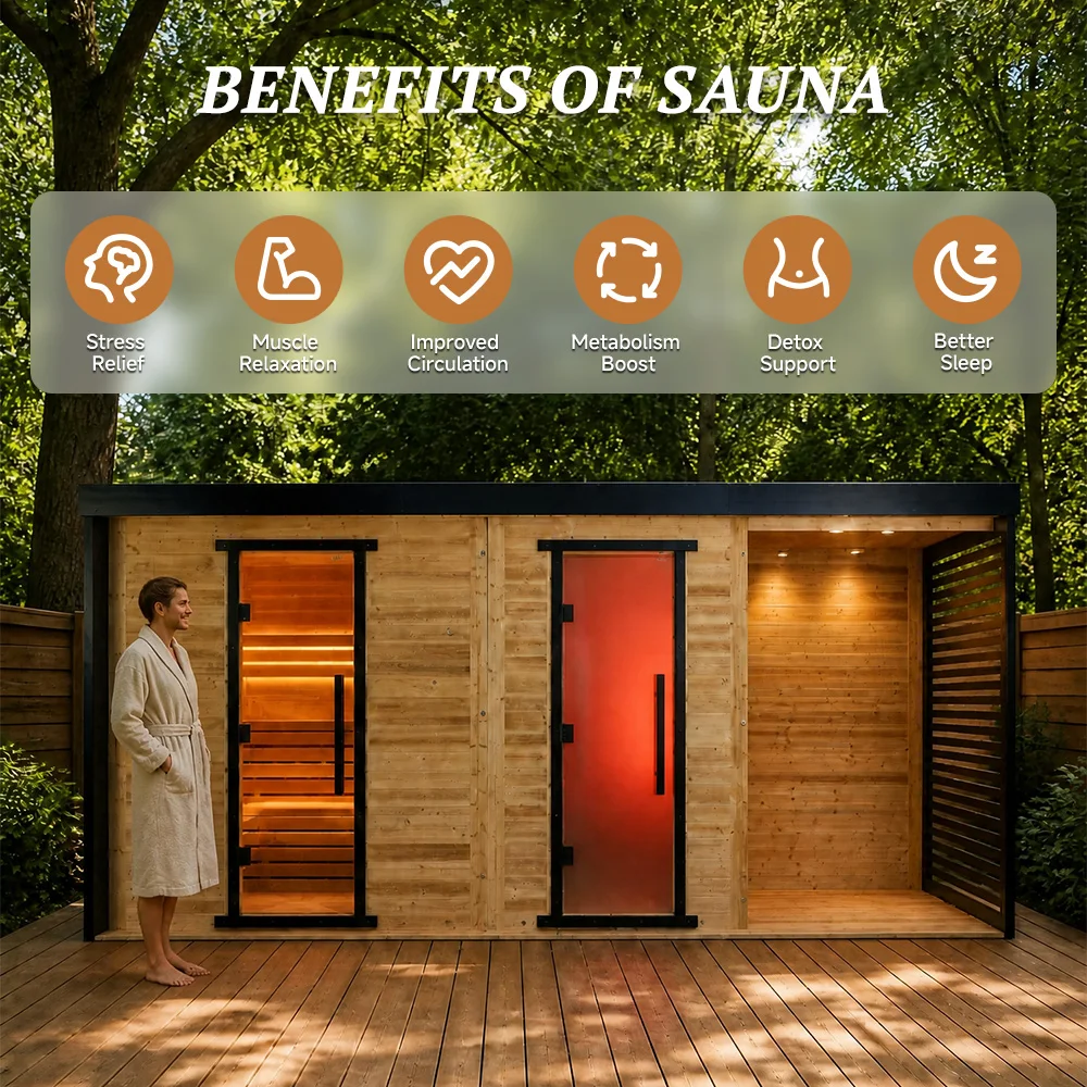 Custom Luxury Pine Sauna House, Open Porch Design with Louvered Airflow Wall for Year-Round Temperature Regulation