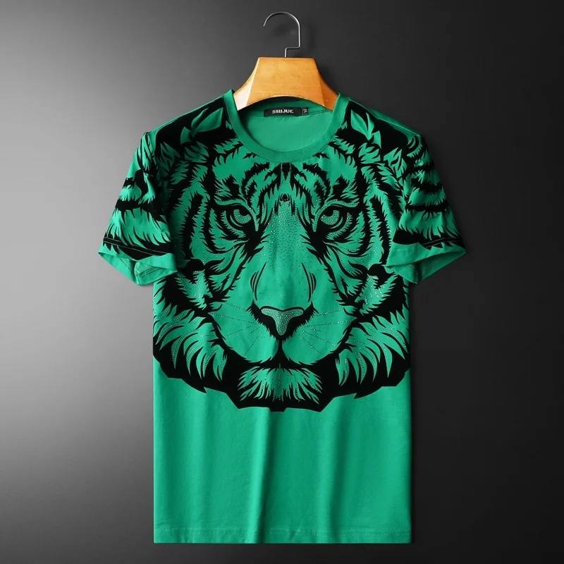 

Summer Tiger Pattern Hot Drill T Shirt Men Short Sleeve Fashion Rhinestones T-shirt Men Streetwear Casual O-Neck Tee Shirt Homme