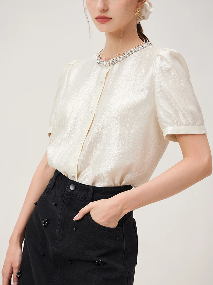 FSLE French Style Temperament Women Beige Short Sleeve Blouse Collar Bead Design Female Commuter Summer Shirt  Tops 24FS12948