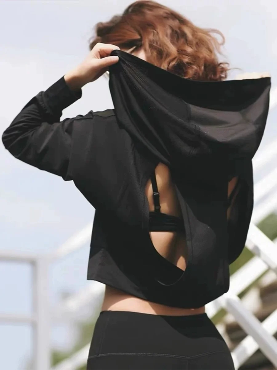 

Black Mesh Hoodie Women's Summer New Quick Dry Sports Cover up Hollow out Beautiful Back Short Top Korean Style Commute Wind