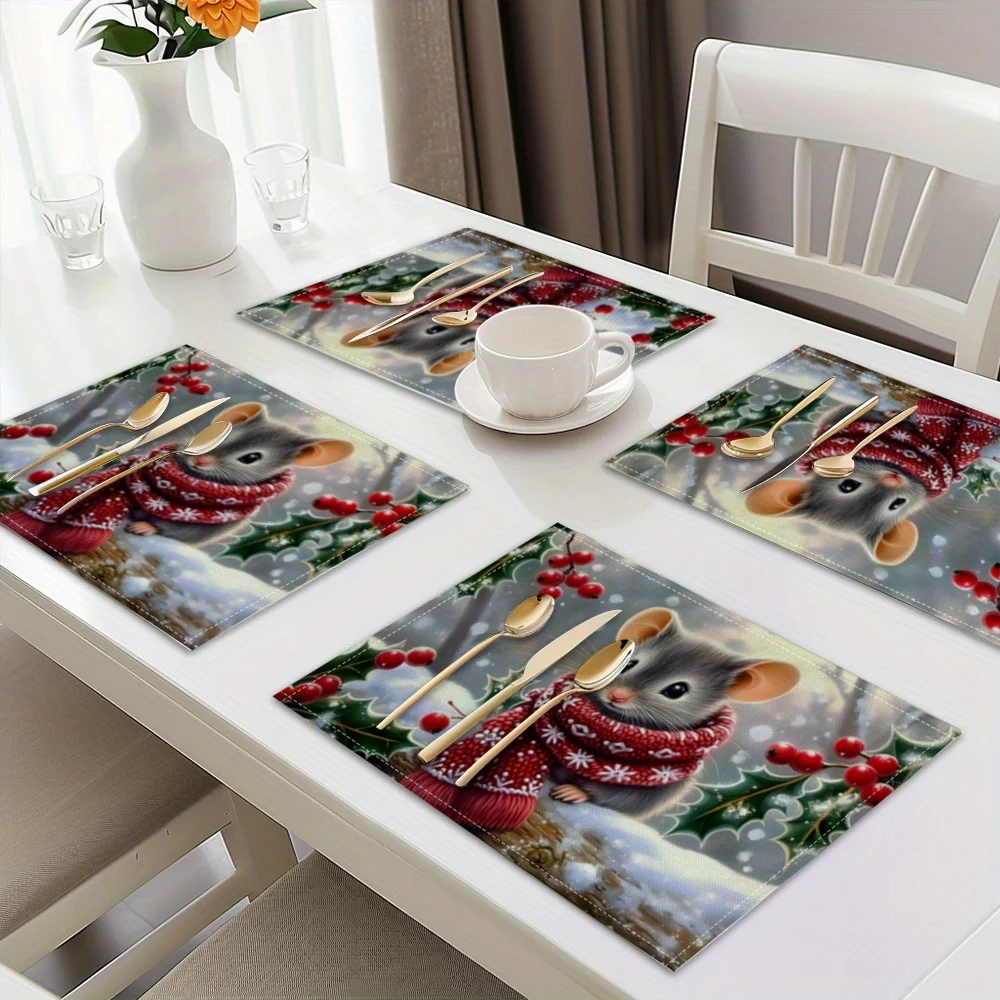 Christmas Mouse Printed Polyester Placemats - Machine Washable, Woven Rectangle Table Mats for Kitchen Dining Decor
