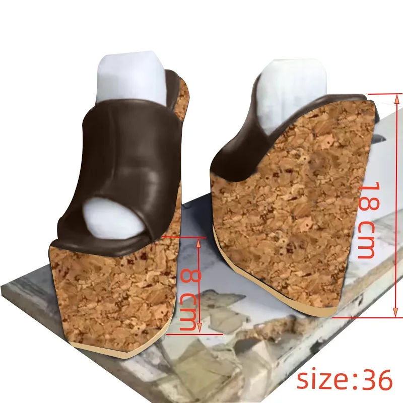 

DIZHUANG Fashionable women's high-heeled slippers. Customized shoes. Brown genuine leather slippers. 18cm heel height. size: 36