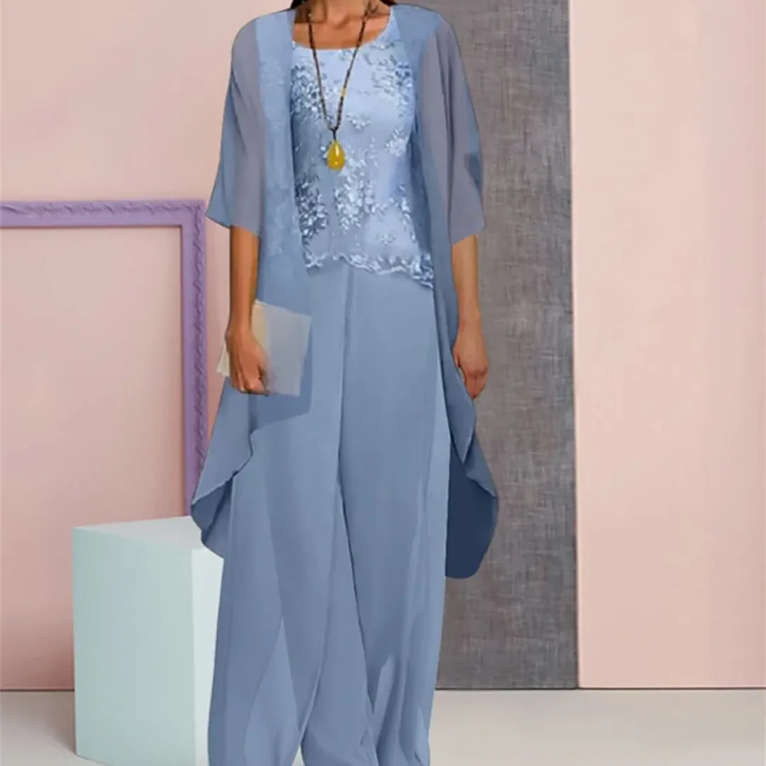 

A-Line Lace Short Sleeve Floor Length Godmother Dress for Women Long Blue Scoop Chiffon Mother of the Brides Dresses Customized