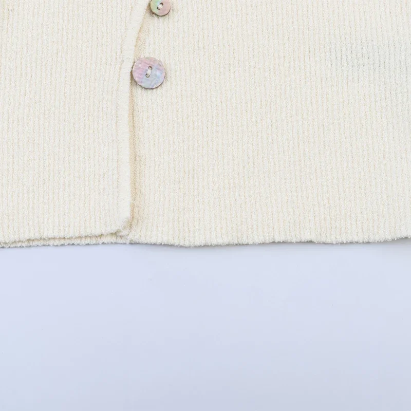 Women Ribbed Short Cardigan Diagonal Silver Shell Button Long Sleeve Irregular Neck Slim Knit Coat Daily Casual Sweater