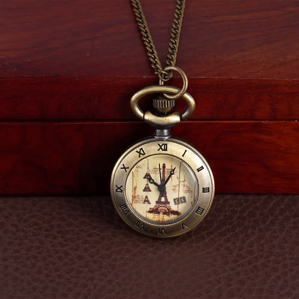 Small pocket watch Bronze single case quartz Roman scale tower design yellow pocket watch hang watch