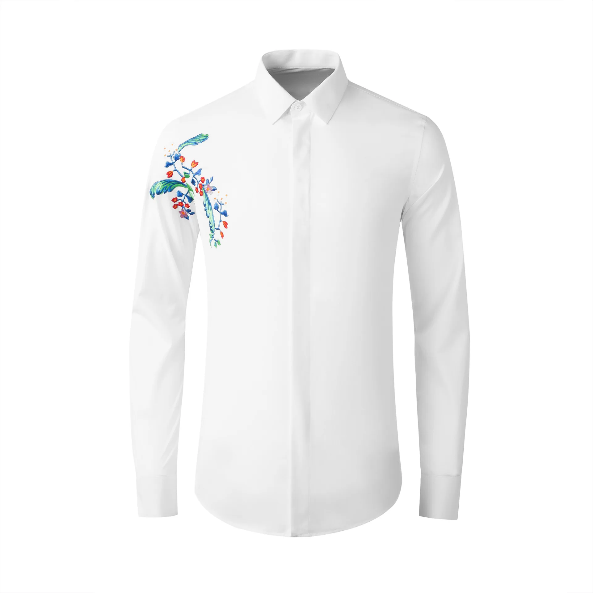 Luxury Embroidered Long Sleeved Shirt for Men Cotton Casual Business Dress Shirts Slim Party Banquet Stage Performance Costumes