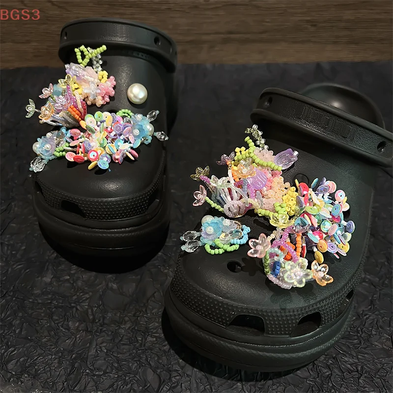 1Pc ビーズタッセル靴チャーム取り外し可能なカラフルな花の靴アクセサリー女の子の夏の靴靴バックル DIY ギフト