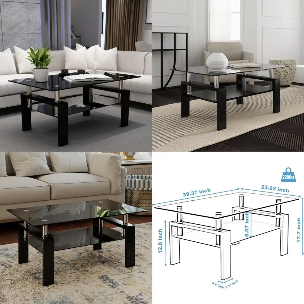 Mesa de centro de vidrio transparente con estructura de tubo de metal, diseño elegante totalmente negro para salas de estar modernas