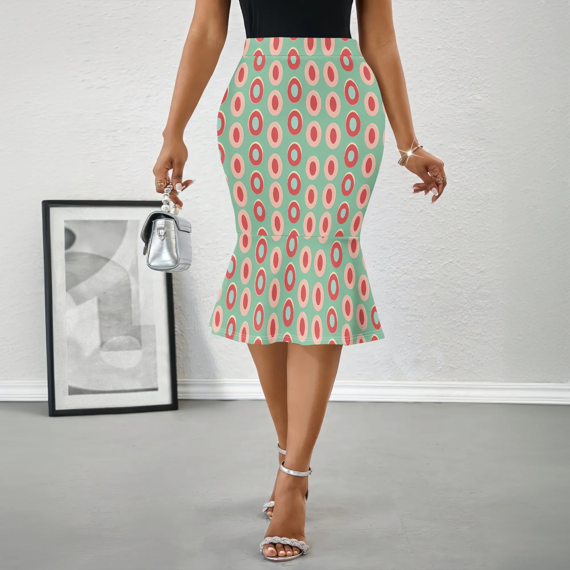 Retro Print Skirt Mint Green Pencil Skirt Vintage Circle Pattern, High Waist Mermaid Hem Elegant Office Wear Party Midi Skirt