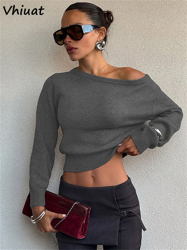 Vhiuat-suéter elegante de punto para mujer, ropa de otoño e invierno, jerséis ajustados informales a la moda, Jersey liso, Tops, Pull 2025