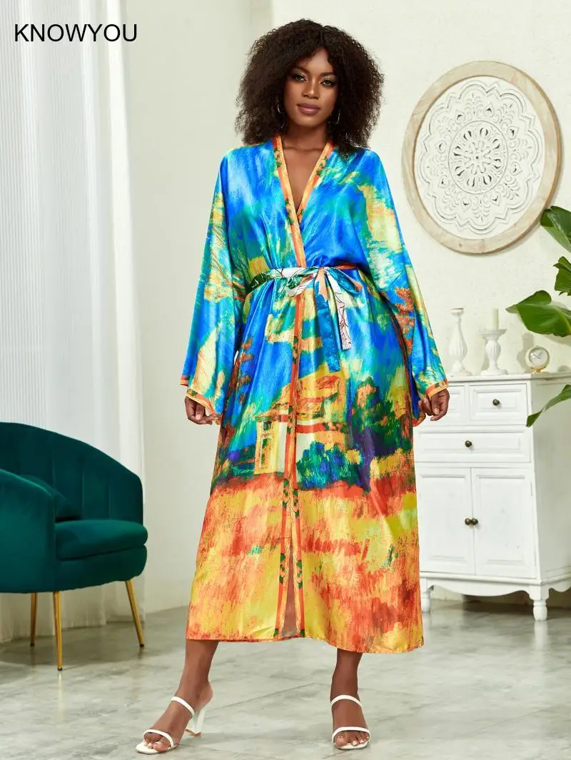 Copricostume bikini stampato in raso Lady Women Kimono Abiti avvolgenti in raso Costumi da bagno Giacca protettiva solare ampia Abbigliamento da casa casual