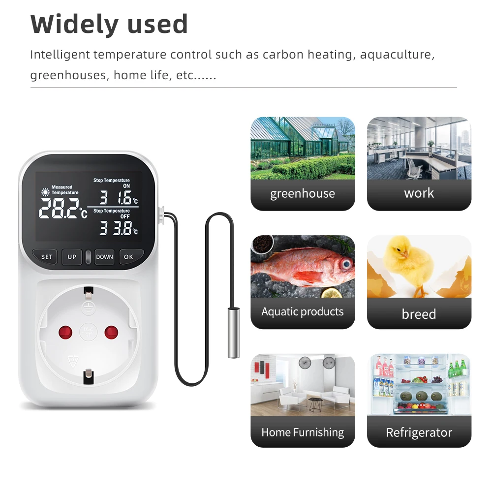 16A Thermostat Socket Multi-Function Temperature Controller Outlet with Timer Switch Sensor Probe Heating Cooling Switch