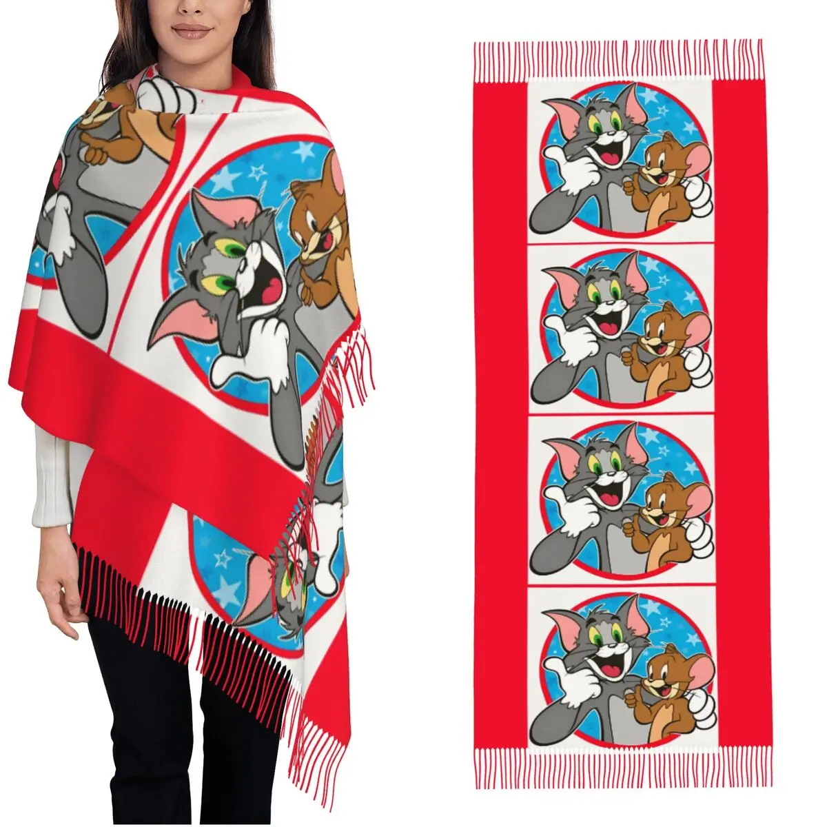 

Women's Tassel Scarf Tom And Jerry Christmas Funny Large Winter Fall Shawl and Wrap Daily Wear Pashmina Scarves