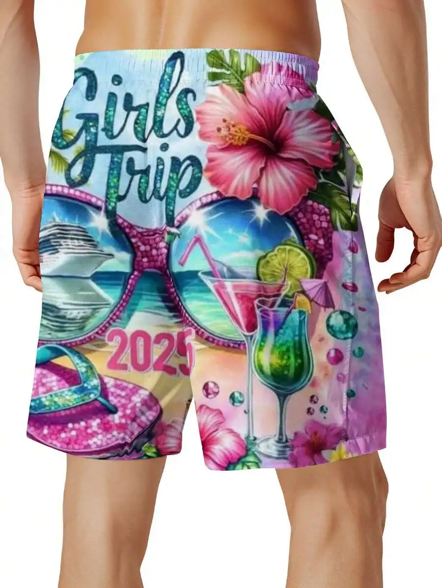 

Mens Beach Shorts 2025 Girls Trip Print Swim Trunks With Hibiscus Cocktails Cruise Design