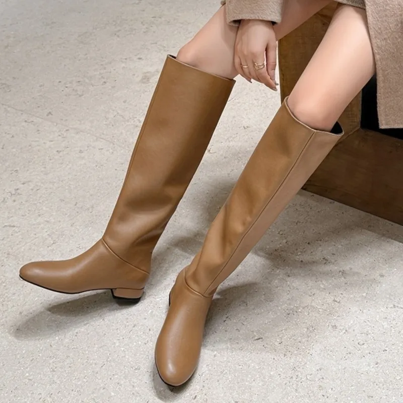 Dilalula 2025 Split Cow Leather Women Knee High Riding Boots Round Toe Low Thick Heels Casual Slip On Long Boots Ladies Dating