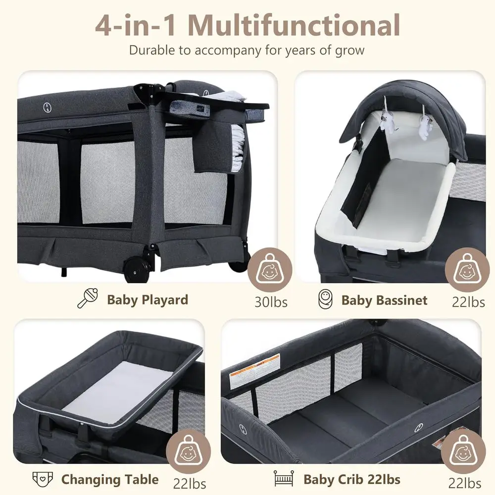 Compacte 4-in-1 speelplaats met wieg, commode en luifel, draagbare wieg voor baby's en peuters, donkergrijs