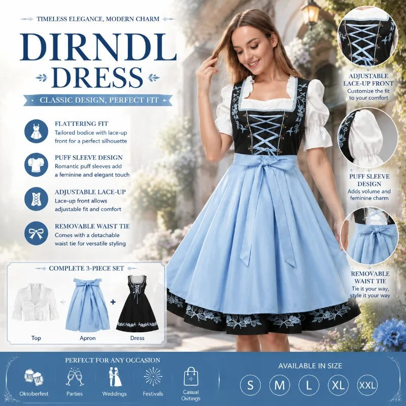 Oktoberfest Karnevalskostüme Damen Deutsches Dirndl Kleid Kostüme 3-teilig Halloween Übergröße Kleid