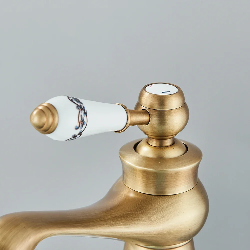Antique Brass Basin Faucet Single Handle Mixer Tap Hot Cold Water Bathroom Sink Faucet