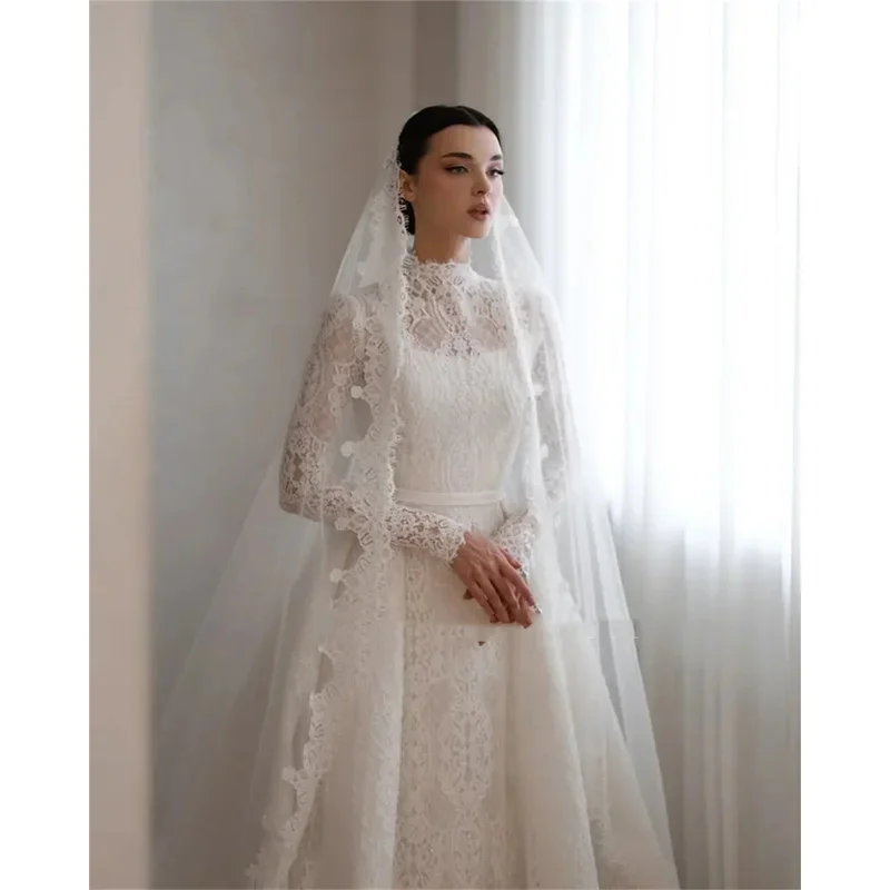 Angepasst Spitze A-linie Brautkleider Bodenlangen Volle Ärmel Braut Kleider High Neck Zipper Zurück Schärpen vestidos de novia