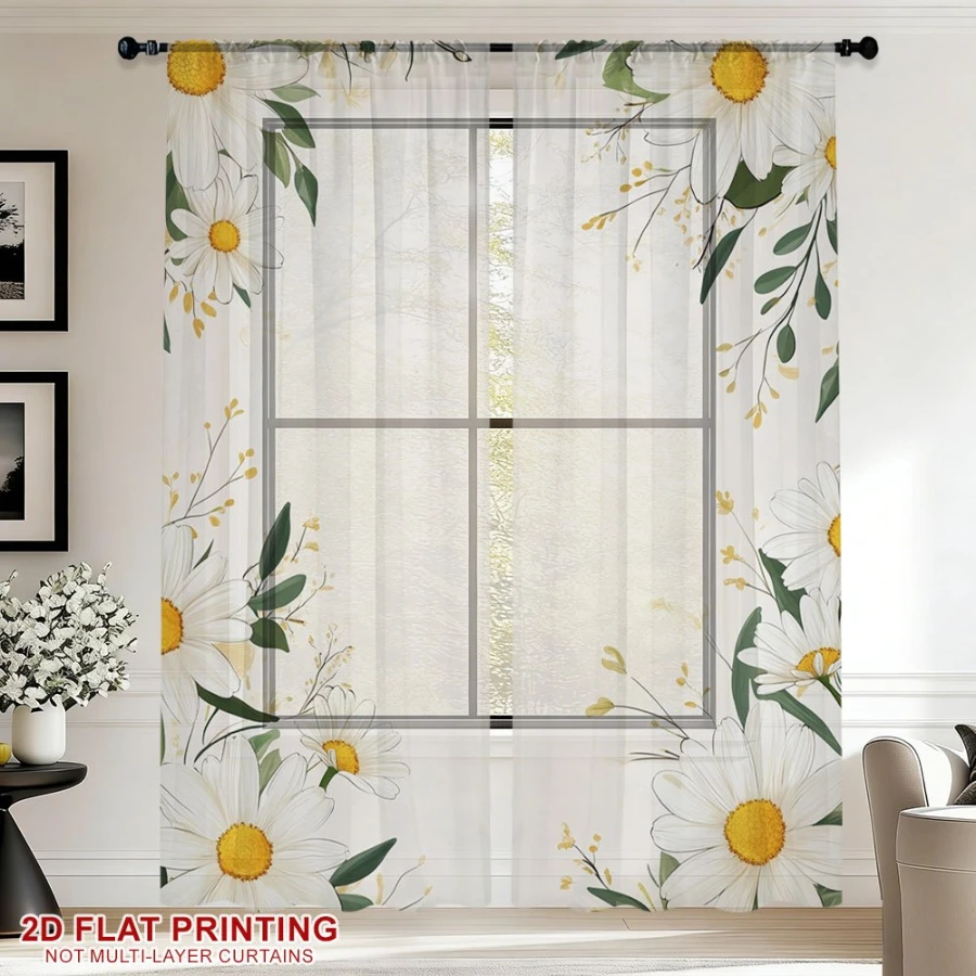 2PCS Digital Printed Sheer Curtain, Daisy Floral Border Print, Charming Vintage Rustic for Living Room Bedroom Home Decor - view 3