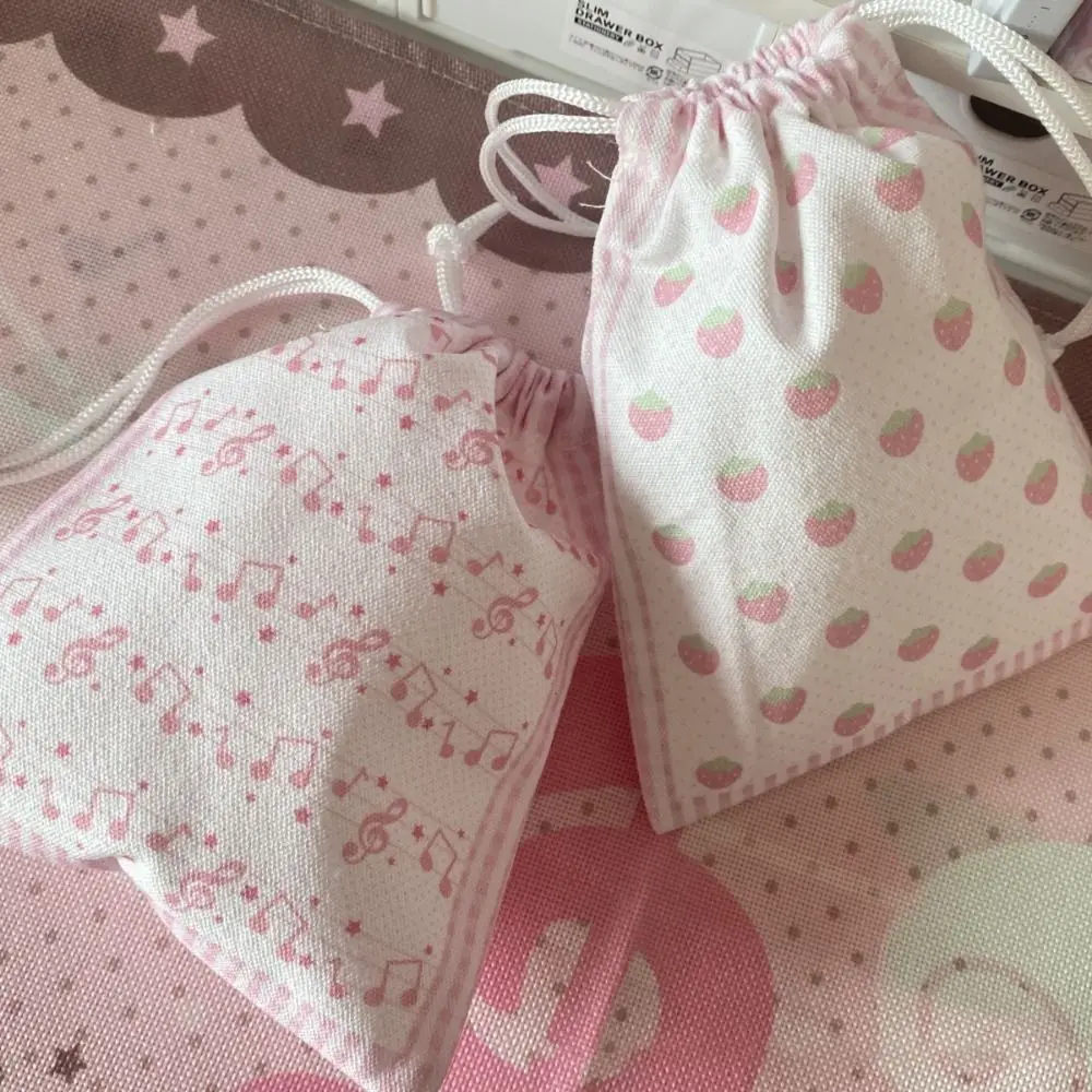 Cute Strawberry Musical Note Drawstring Bag Large Capacity Portable Coin Purse Canvas Cartoon Makeup Storage Pouch