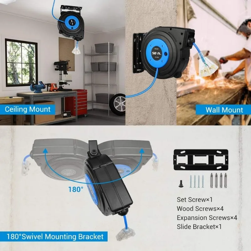 2025 Retractable Extension Cord Reel,   3 Grounded Outlets Lighted Triple Tap, 13 Amp Circuit Breaker, UL Listed