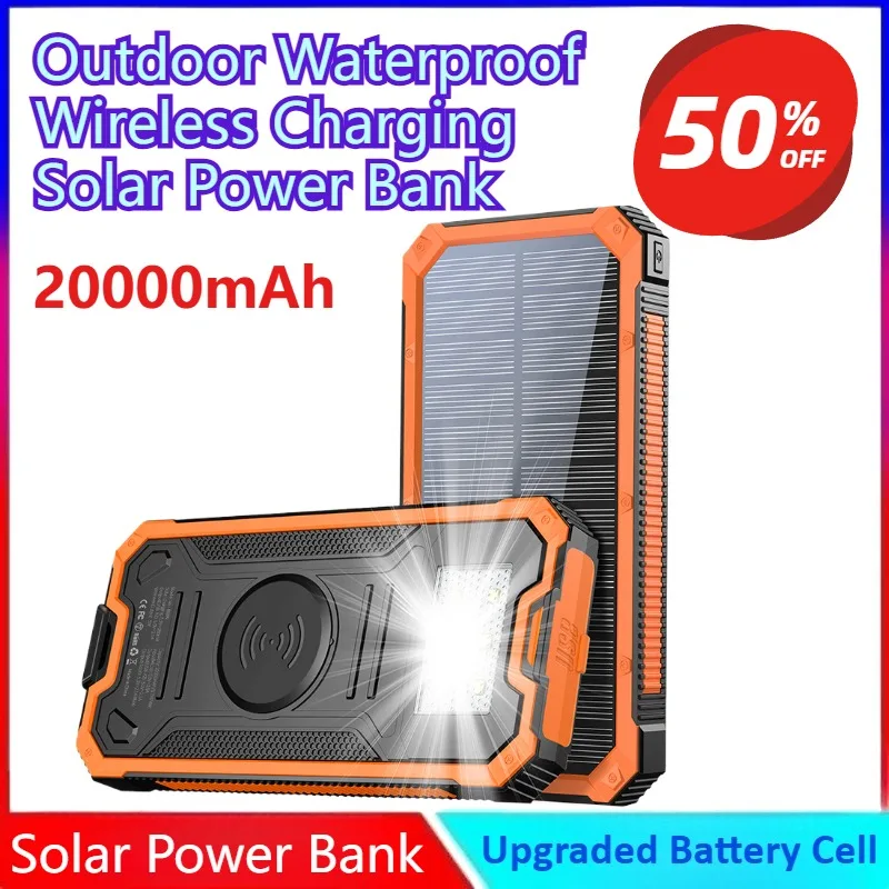 

New 20000mAh Outdoor Waterproof Wireless Charging Solar Power Bank Fast Charging Emergency Portable Charger