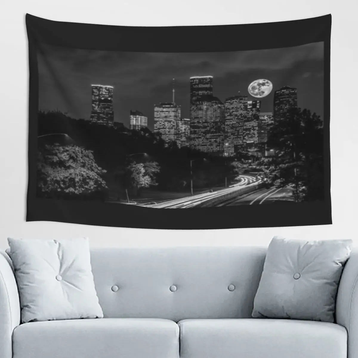 Supermoon Over Downtown Houston TX B W II - Tapiz decorativo para el hogar, tapiz de yoga natural, regalo navideño