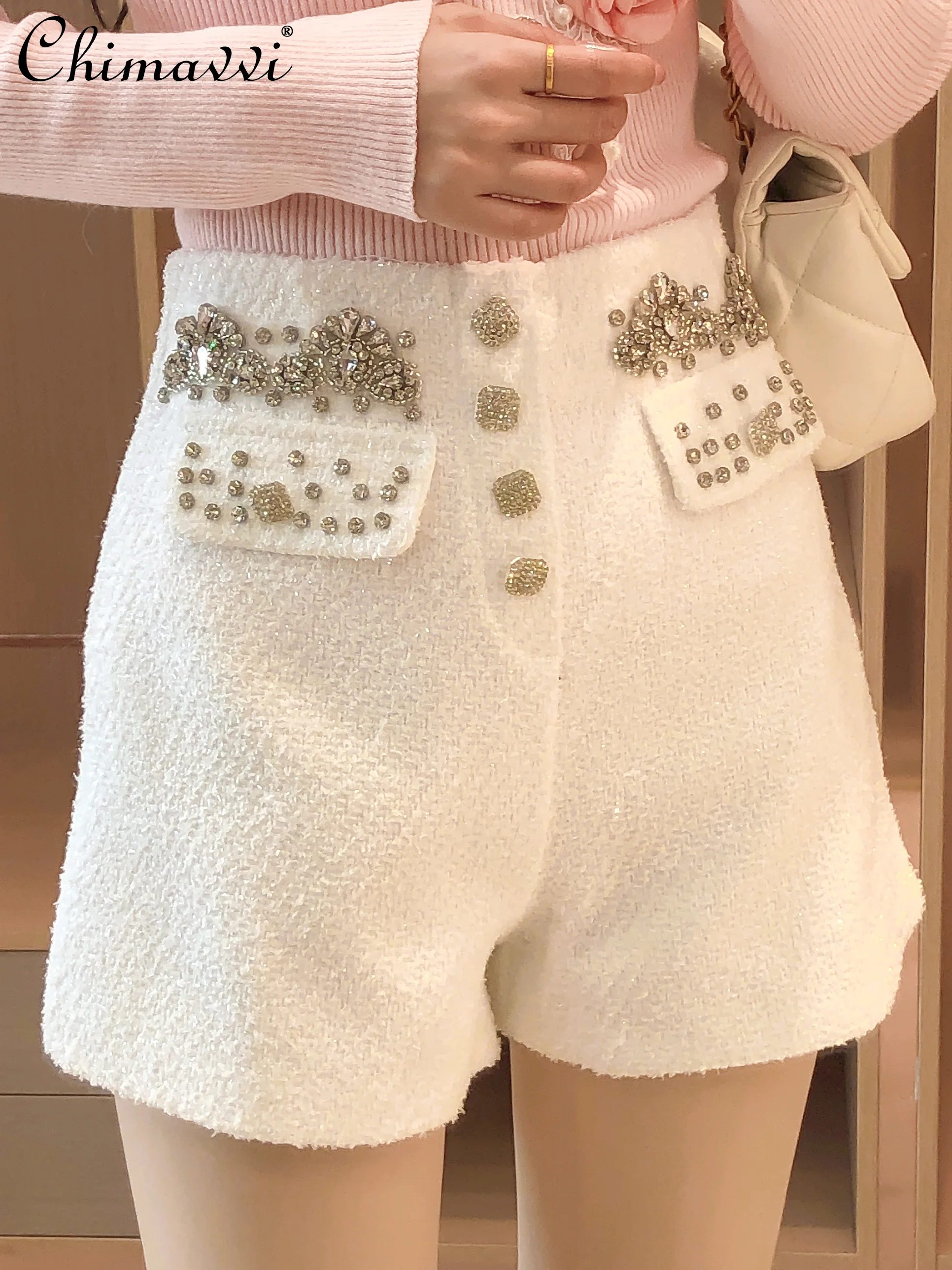 French Sweet Elegant Socialite Heavy Industry Diamond High Waist Wide Leg Shorts Casual Versatile Wool Shorts Pants Women Winter