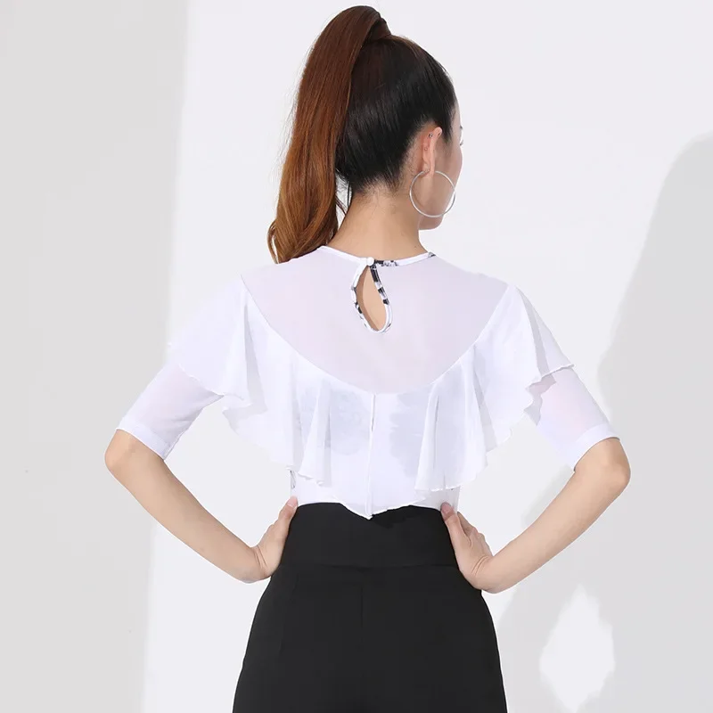 2023 Women Latin Dance Top Front Stitching V-neck Gauze Flounces Ballroom Costumes Female One-piece White Short Sleeve Shirt