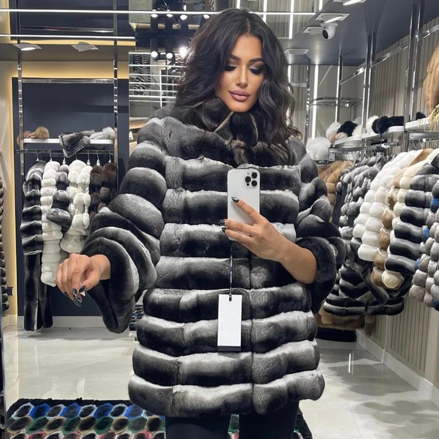 

Genuine Rex Rabbit Fur Jackets Winter Clothes Women Chinchilla Colored Rabbit Fur Coat Warm Luxury