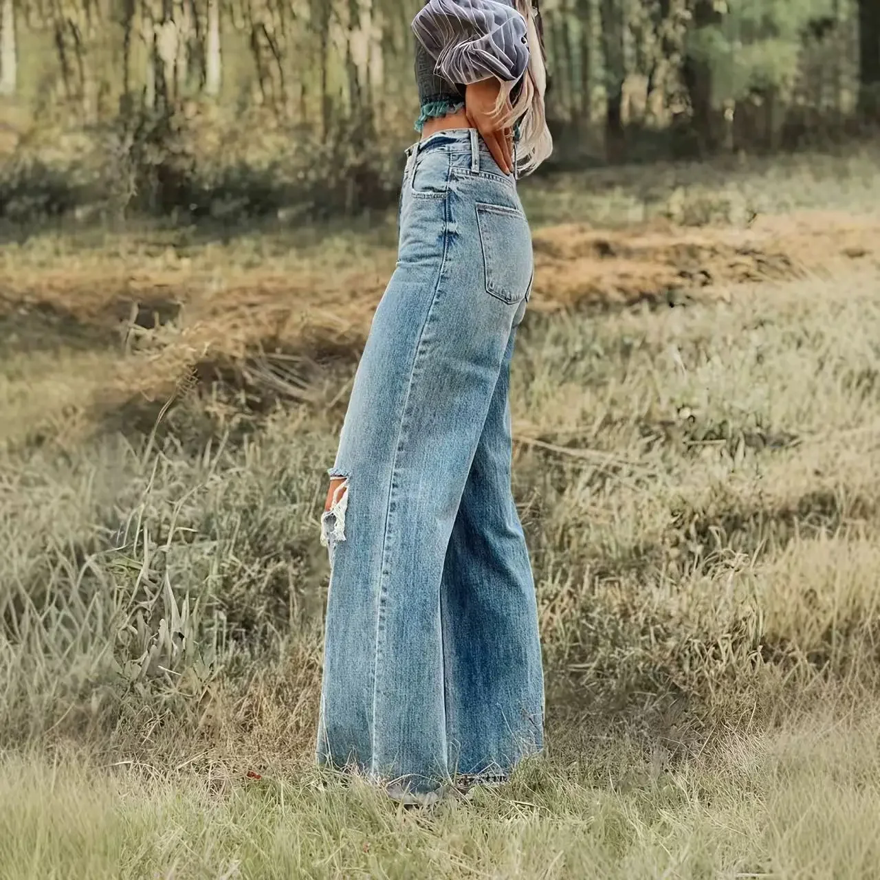 여성용 Y2K 데님 팬츠, 디스트레스드 와이드 레그 스트레치 빈티지 스타일 하이웨이스트 패션 데님 바지, 2025 트렌디