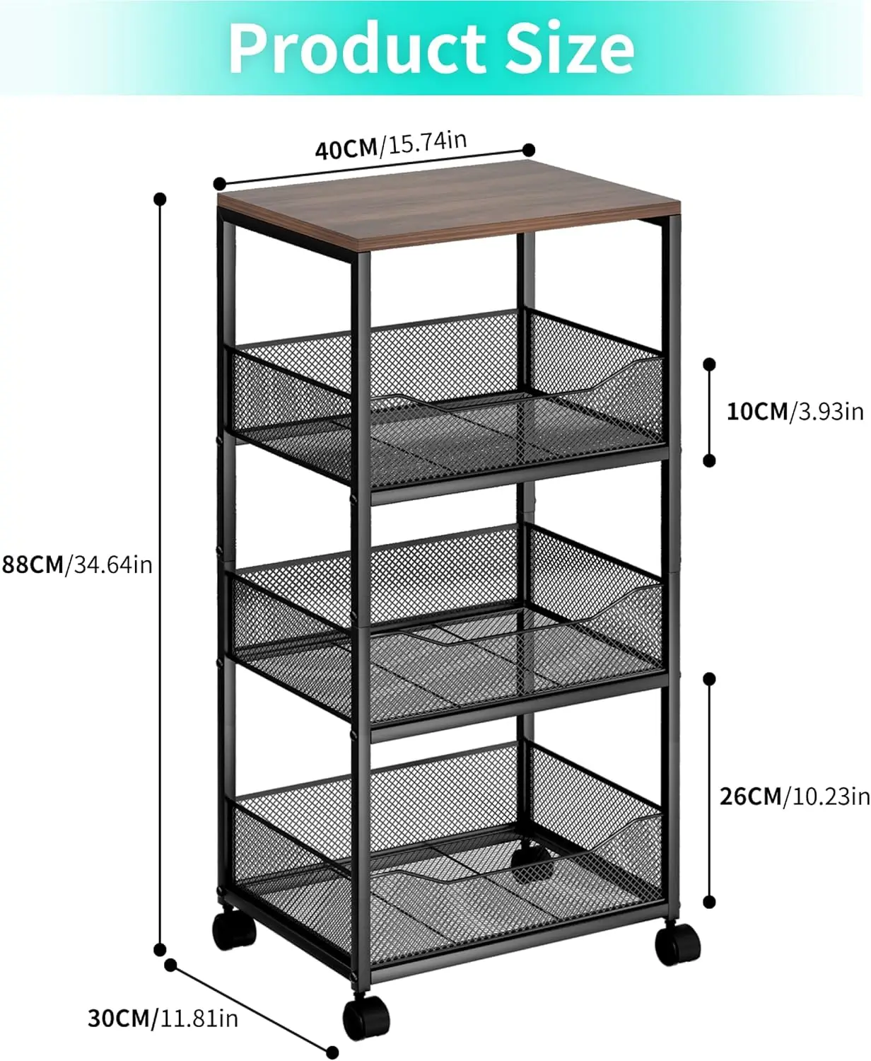 Multifunctional 4-Tier Rolling Kitchen Cart Mobile Storage Trolley with Wood Top and Wheels Fruit Vegetable Basket Rack Pantry Utility Organizer Shelf for Potato Onion Bread Snack Space Saving