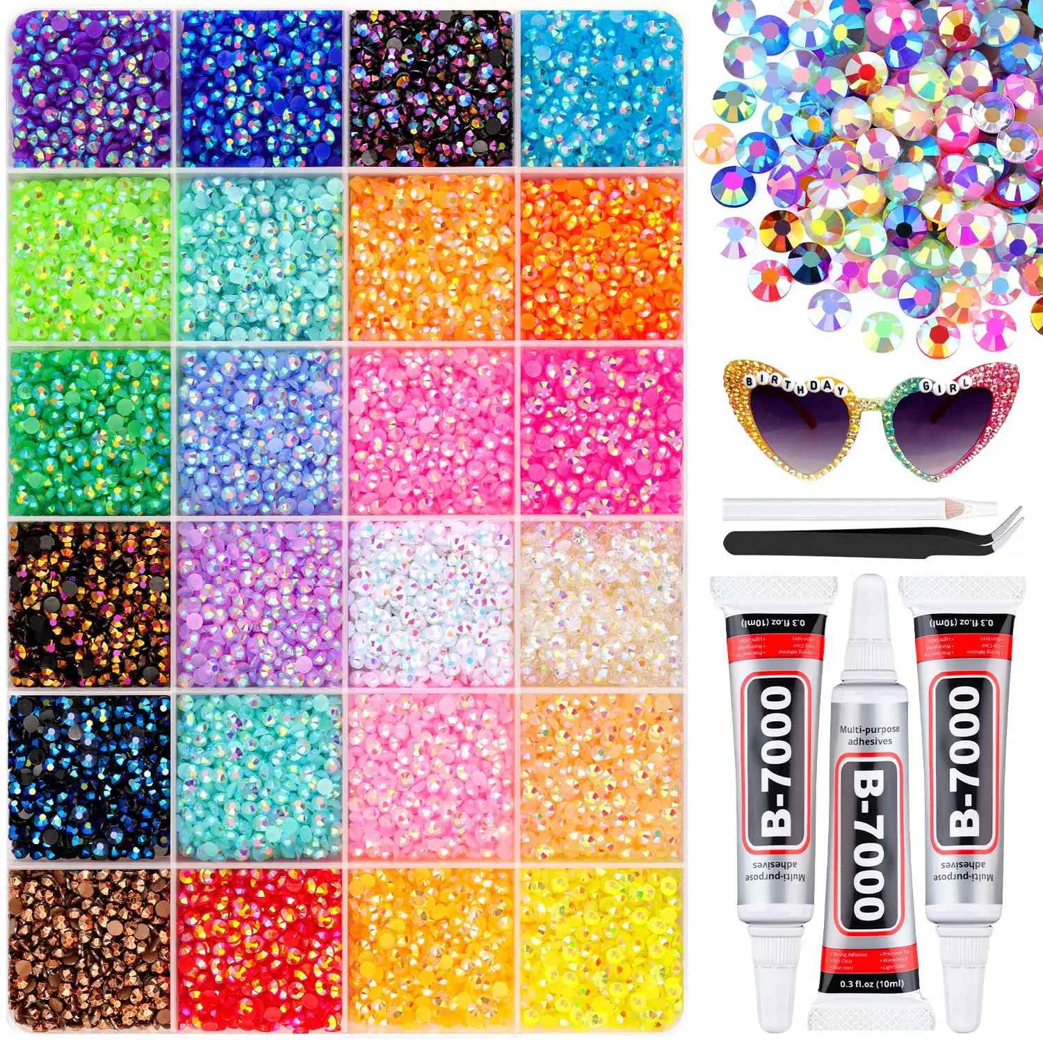 32000Pcs Mixed Resin Rhinestones with B7000 Glue, 3mm Flatback Gems for DIY Crafts Clothing Tumblers Mugs Shoes Nail Art